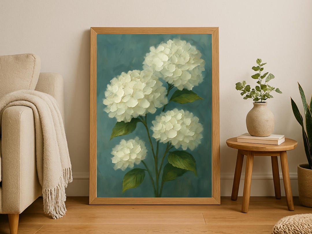 White Hydrangea Print Wall Art | Textured Botanical Hydrangea Painting ...