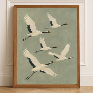 Arte mural de grulla japonesa - Impresión minimalista Japandi - Regalo para amantes de las aves - Póster con impresión de pintura de grullas voladoras neutras Japandi - Naturaleza apagada