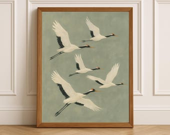 Japanese Crane Wall Art - Japandi Print Minimalist Bird Lover Gift - Japandi Neutral Flying Cranes Painting Print Poster - Muted Nature