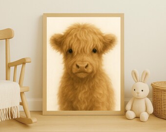 Highland Cow Farm Nursery Wall Art | Baby Calf Printable | Rustic Barn Animal Art | Neutral Nursery Decor | Country Baby Room Print Animals