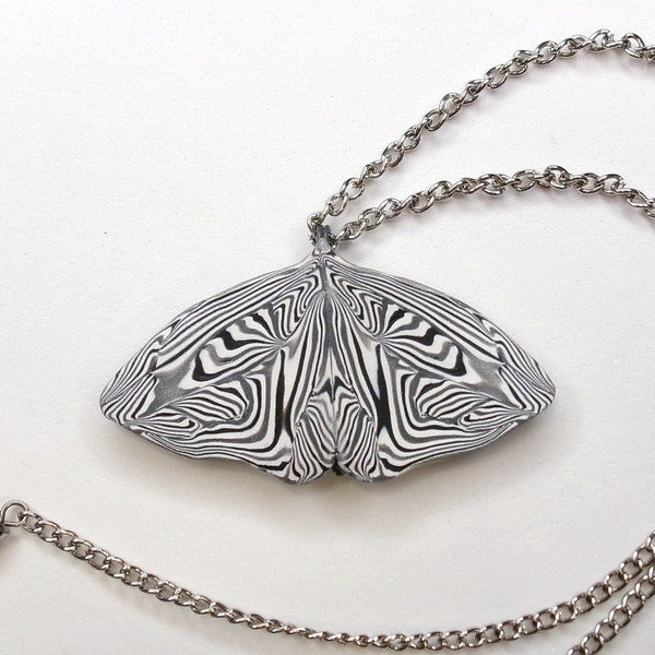 Butterfly Necklace, Black and White Psychedelic Zebra Stripes Polymer Clay Insect Jewelry