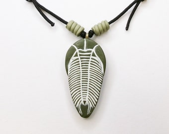 Large Trilobite Pendant Necklace, Polymer Clay on Adjustable Cord