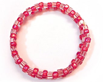 Hot Pink Medium Size Memory Wire Stretch Bracelet with Shiny Glass Beads