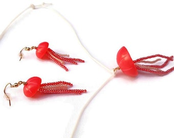 Jellyfish Necklace and Earrings Set, Fluorescent Red Polymer Clay with Glass Seed Beads