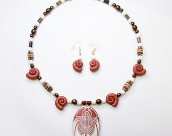 Large Trilobite Necklace and Earrings Set, Hand Sculpted Polymer Clay Art Jewelry