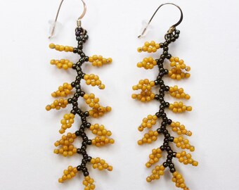 Long Beaded Earrings, Orange and Brown Leaves, Fall Color Beadwork Jewelry