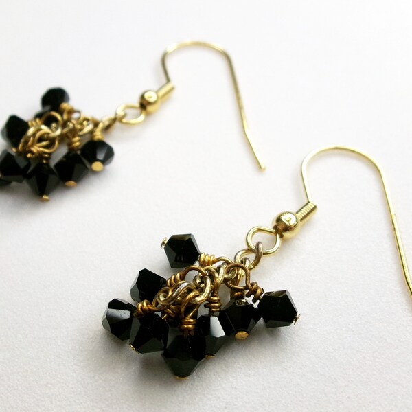 Black Crystal Cluster Earrings, Small Delicate Chain Earrings with Swarovski Crystals