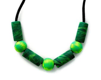 Green Adjustable Cord Necklace with Polymer Clay Beads, for Men or Women
