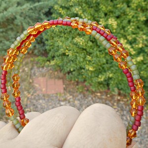 Large Oval Memory Wire Bracelet or Small Anklet, Moss Green, Red, and Earthy Yellow Glass Beads image 7