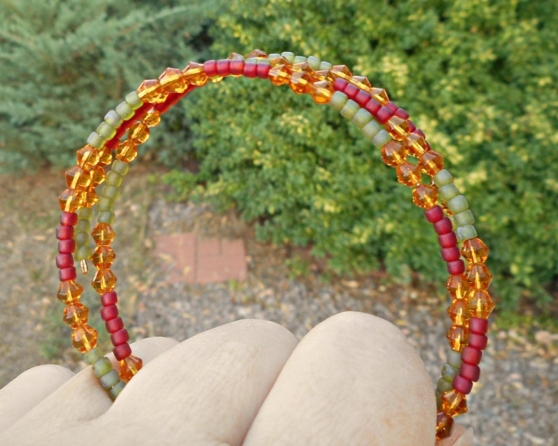 Large Oval Memory Wire Bracelet or Small Anklet, Moss Green, Red, and Earthy Yellow Glass Beads image 7