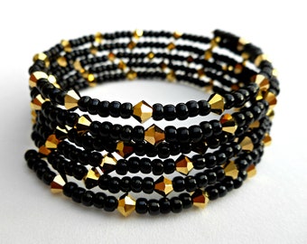 Black Glass and Gold Crystal Bracelet, Medium Size Round Memory Wire