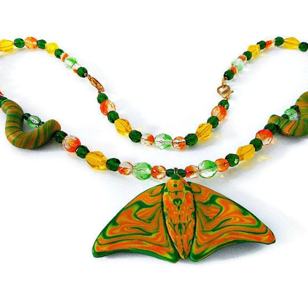 Butterfly & Caterpillar Necklace, Polymer Clay Butterfly Pendant w/ Czech Glass Beads, One of a Kind Adjustable Necklace, Orange and Green