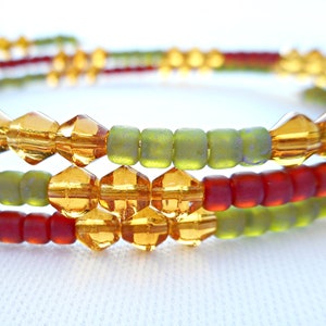 Large Oval Memory Wire Bracelet or Small Anklet, Moss Green, Red, and Earthy Yellow Glass Beads image 2