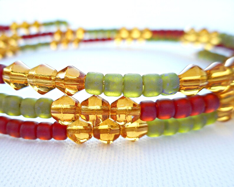 Large Oval Memory Wire Bracelet or Small Anklet, Moss Green, Red, and Earthy Yellow Glass Beads image 2