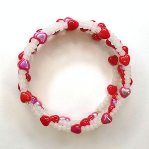 Red Hearts Bracelet, Medium Size Memory Wire with Glass Beads