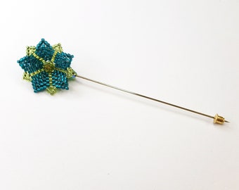 Teal Blue Beaded Flower Stickpin, Long Floral Pin with Clutch