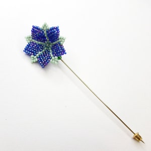 Cobalt Blue Beaded Flower Long Stickpin with Clutch