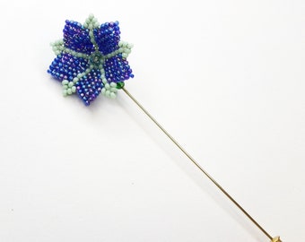 Cobalt Blue Beaded Flower Long Stickpin with Clutch
