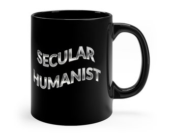 Secular Humanist Black Coffee Mug, 11oz, Silver Tone, Print on Demand