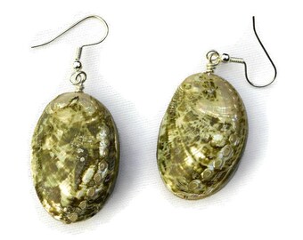 Green Abalone Shell Earrings with Large Hollow Lightweight Beads, Silver Tone Earwires