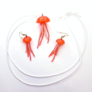 Jellyfish Necklace and Earrings Set, Vivid Red Polymer Clay with Glass Seed Beads