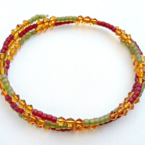 Large Oval Memory Wire Bracelet or Small Anklet, Moss Green, Red, and Earthy Yellow Glass Beads image 3