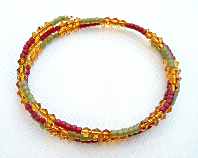 Large Oval Memory Wire Bracelet or Small Anklet, Moss Green, Red, and Earthy Yellow Glass Beads image 3