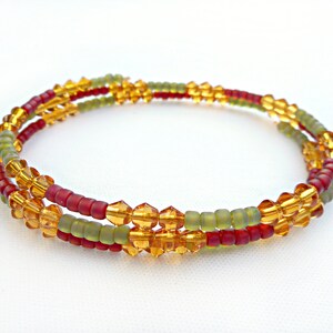 Large Oval Memory Wire Bracelet or Small Anklet, Moss Green, Red, and Earthy Yellow Glass Beads image 1