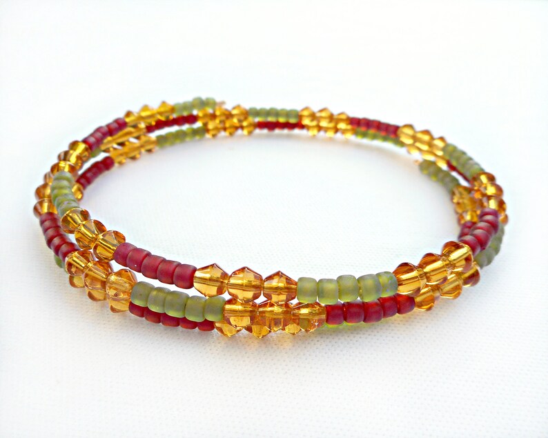Large Oval Memory Wire Bracelet or Small Anklet, Moss Green, Red, and Earthy Yellow Glass Beads image 1