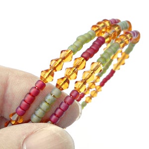 Large Oval Memory Wire Bracelet or Small Anklet, Moss Green, Red, and Earthy Yellow Glass Beads image 4