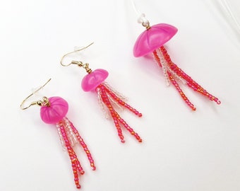 Jellyfish Necklace and Earrings Set, Hot Pink Polymer Clay with Glass Seed Beads