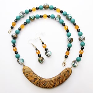 Necklace and Earrings Set, Brown and Blue-Green Polymer Clay with Glass Beads