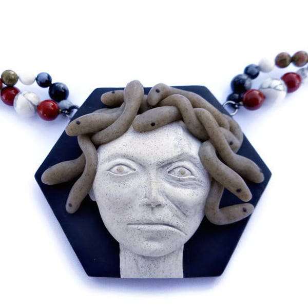Gorgon Medusa Art Jewelry Necklace, Greek Mythology, Polymer Clay with Natural Stone Beads