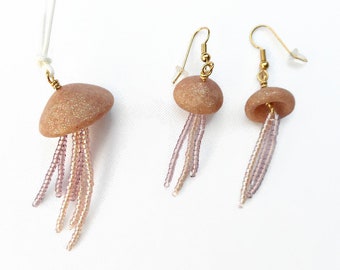 Jellyfish Necklace and Earrings Set, Pink and Purple, Adjustable Cord Necklace