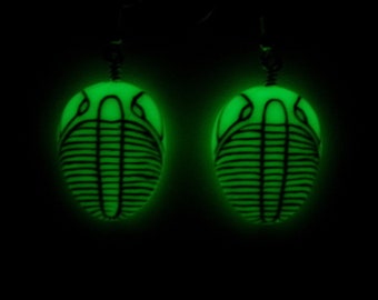 Glow in the Dark Trilobite Earrings, Polymer Clay Fossil Theme Jewelry