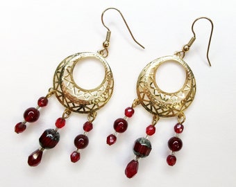Large Red and Gold Tone Filigree Chandelier Multiple Drop Earrings