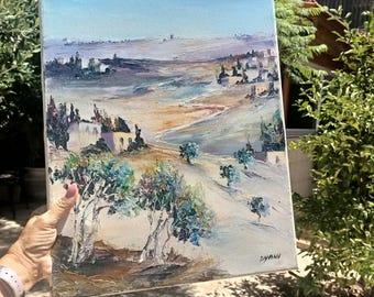 Warm Sunset over Jerusalem's Hills - Original Oil Painting on canvas