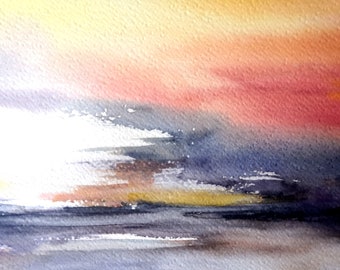 Golden Sunset , sunset watercolor, landscape painting, sunset art, nature artwork, colorful