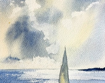Morning sail 2, Watercolor Original Artwork , Tropic Beach Wall Art,Coastal Art Decor, Seascape