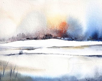 May include: Watercolor landscape painting depicting a winter scene. The artwork features a white foreground, a dark treeline, and a sky with hues of orange, blue, and gray. The painting has a soft, blurred effect.