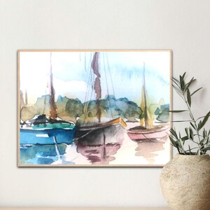 Cartes peintes à la main, aquarelle originale de bateaux au bord d'un lac serein"
