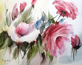 Blooming Beauties Peinture florale abstraite, peinture aquarelle de fleurs, aquarelle florale originale