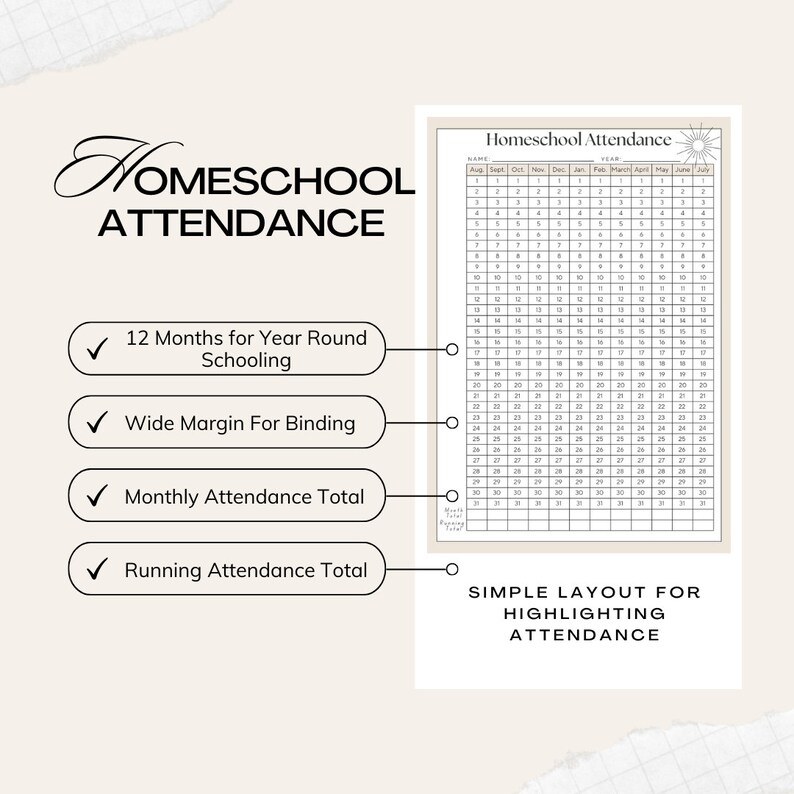 Homeschool Attendance Records, Attendance Tracker Printable Log Student ...