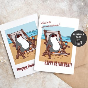 Biglietto di auguri per la pensione stampabile, regalo con simpatico pinguino / Biglietti di auguri divertenti e carini per colleghi, amici / 2 versioni di design incluse / Download digitale