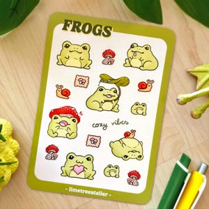 Stickervel kikker collectie schattige dieren | Matte of glanzende vinylstickers 12 x 7 cm | Kawaii handgemaakt stickervel voor planner en dagboek
