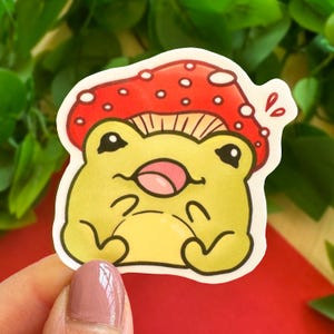 Adesivo rana fungo / Adesivi in vinile lucido lavabili in lavastoviglie / Rane carine con cappello a forma di fungo / Adesivo fustellato fatto a mano impermeabile Kawaii