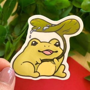 Leuke sticker kikker met bladparaplu | Waterdichte vinyl gestanste sticker | Stickers Kawaii dierenkikkers voor laptop | Vaatwasmachinebestendig handgemaakt