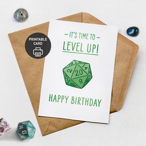 Time to Level Up Geburtstagskarte D20 | Nerdy Karte für Tableptop RPG Brettspiel Liebhaber | Grüner D20 Würfel | digitaler Download