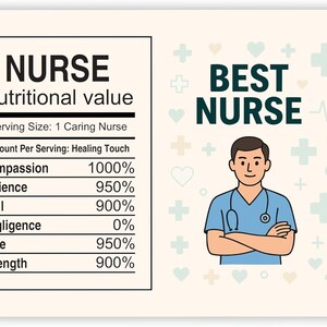 以下が含まれることがあります： クリーム色の背景の長方形のカードで、NURSE Nutritional valueというタイトルの栄養成分表示ラベルのグラフィックが描かれています。Compassion 1000%、Patience 950%などの属性が記載されています。右側にはBEST NURSEという文字があり、その下に聴診器をつけた青いスクラブ姿の看護師のイラストと、小さな明るい色の医療用十字とハートのアイコンが配置されています。