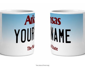 Arkansas Personalized License Plate Mug, Custom Name Ceramic Coffee Cup